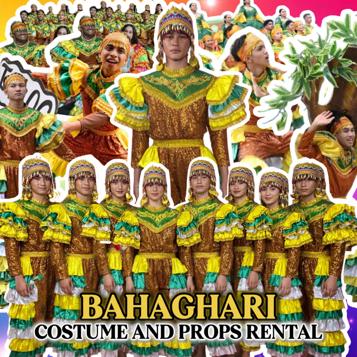 Bahaghari festival sets in yellow, green, and red with sunburst headdresses