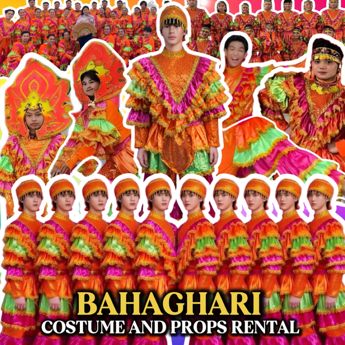 Bahaghari festival sets in orange and green with feathered headdresses